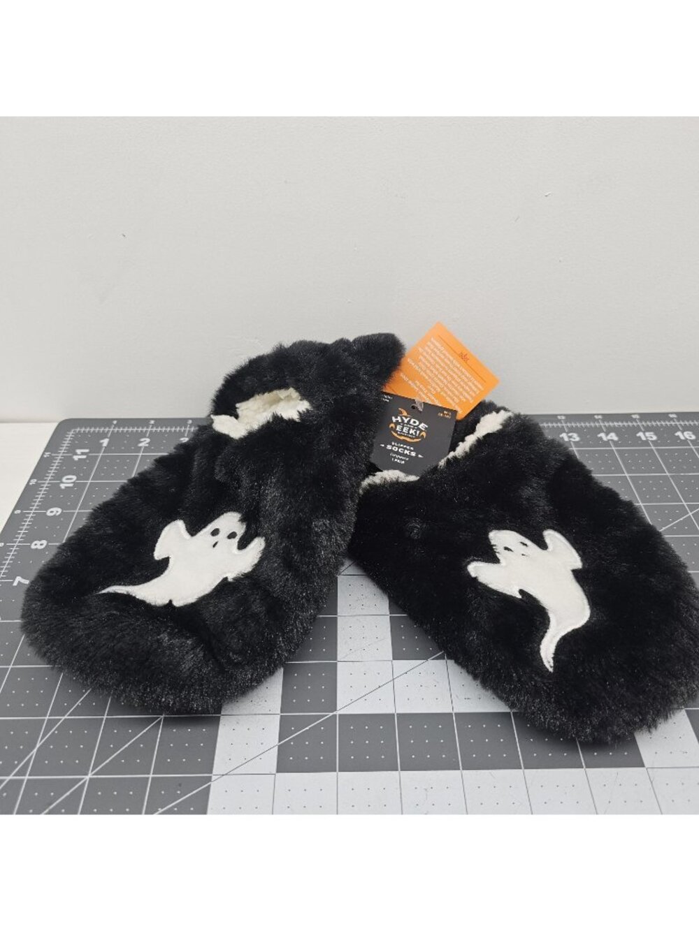 Hyde & EEK! Boutique Halloween Ghost Faux Fur Slipper Socks Black Grippers M/L